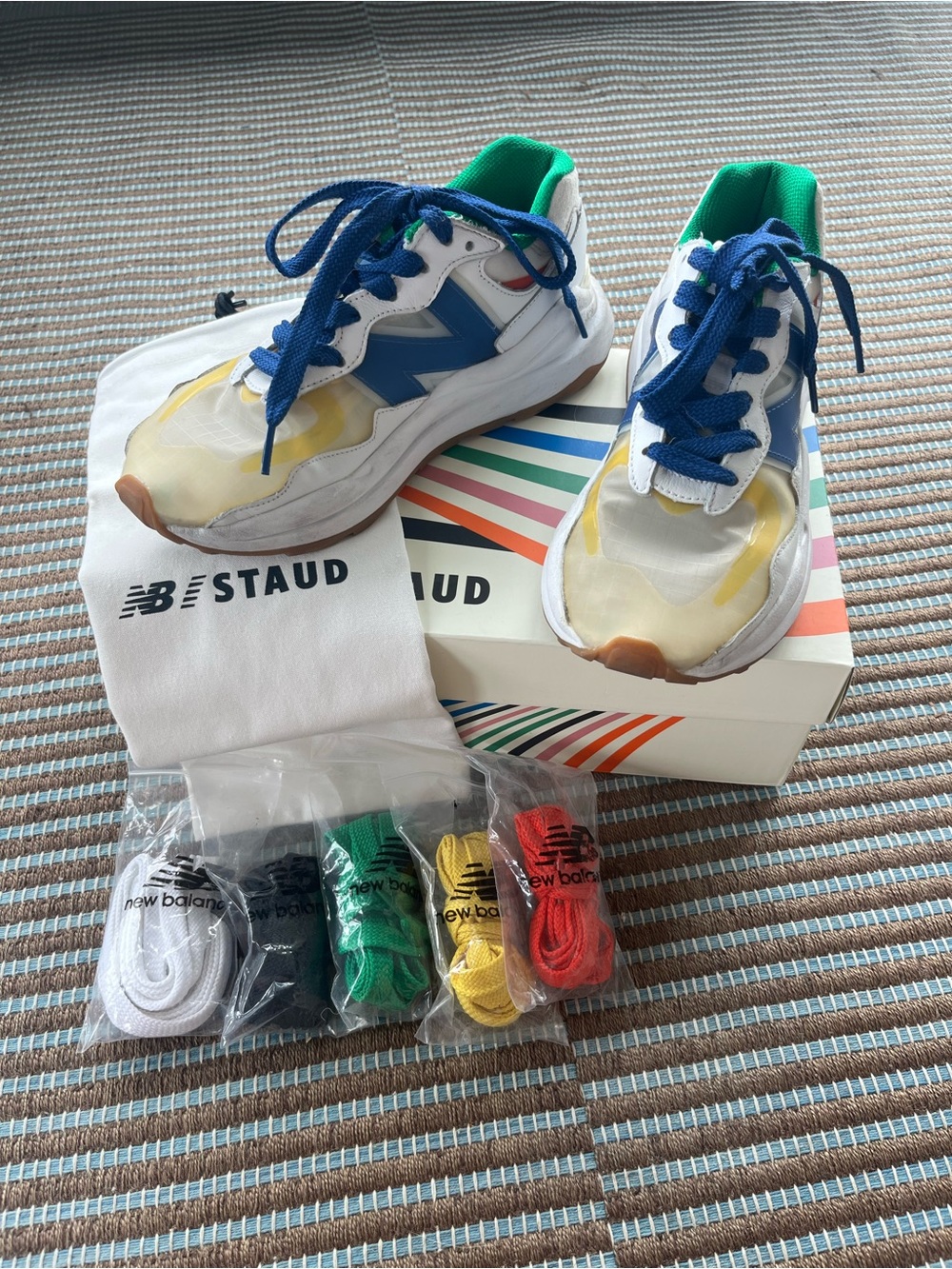 New Balance Kids White Sneakers with Blue and Green Accents